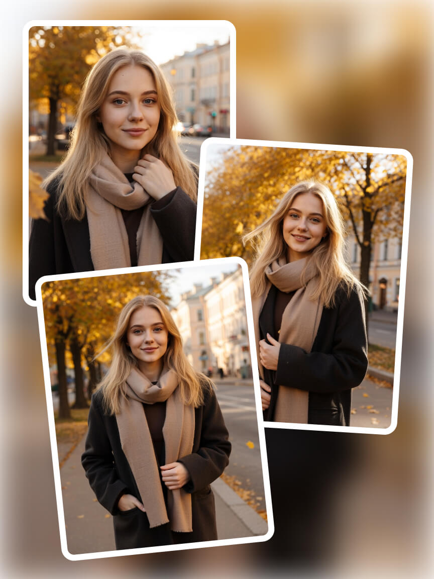 Создайте профессиональную осеннюю фотосессию по одному селфи. Тёплый городской свет, золотая листва, уютный образ и естественные портреты с сохранением вашей внешности.